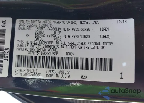 2019 Toyota Tundra Limited 5.7L V8 from USA, damaged, VIN 5TFHY5F16KX811806